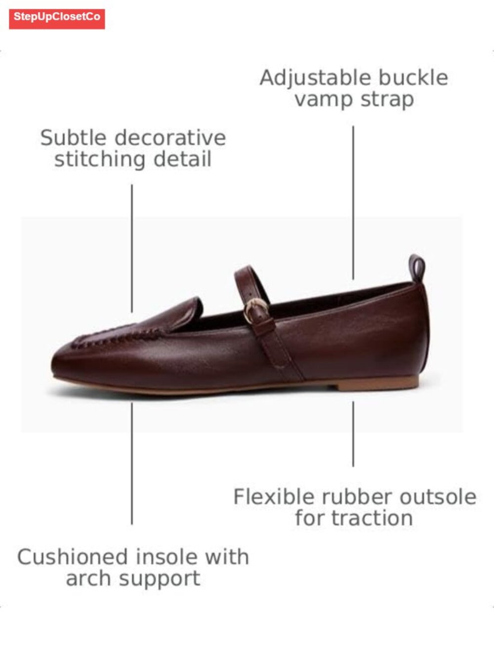 Faux Leather Mary Jane Ballet Flats Square Toe Cushioned Slip On Work - Picture 2 of 6